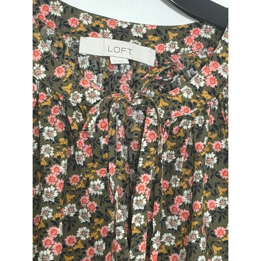 LOFT Womens Floral Tie Neck Puff Sleeve Blouse Olive Green Pink Small
